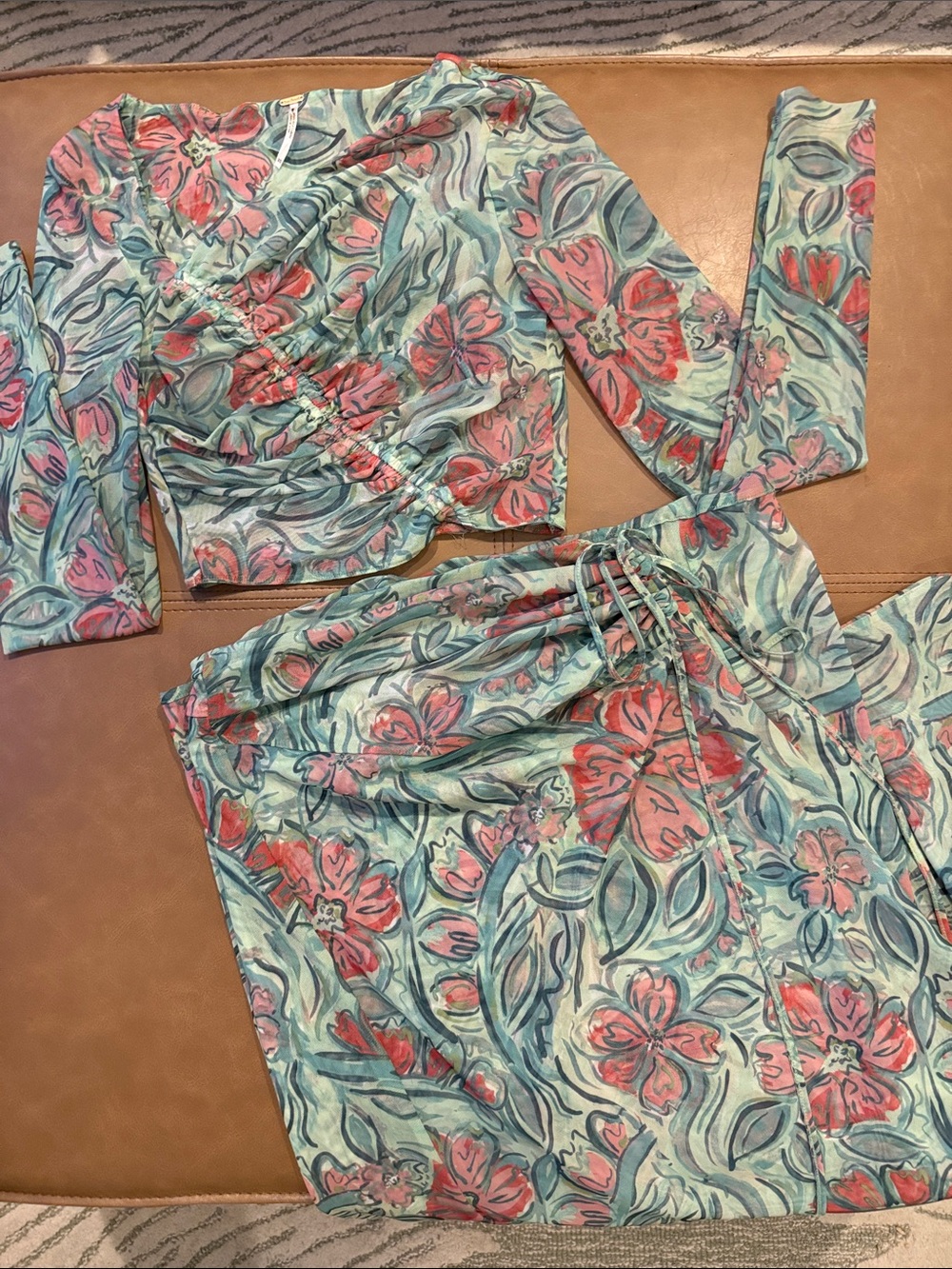 Free People Mint Floral Wrap Top & Skirt Set